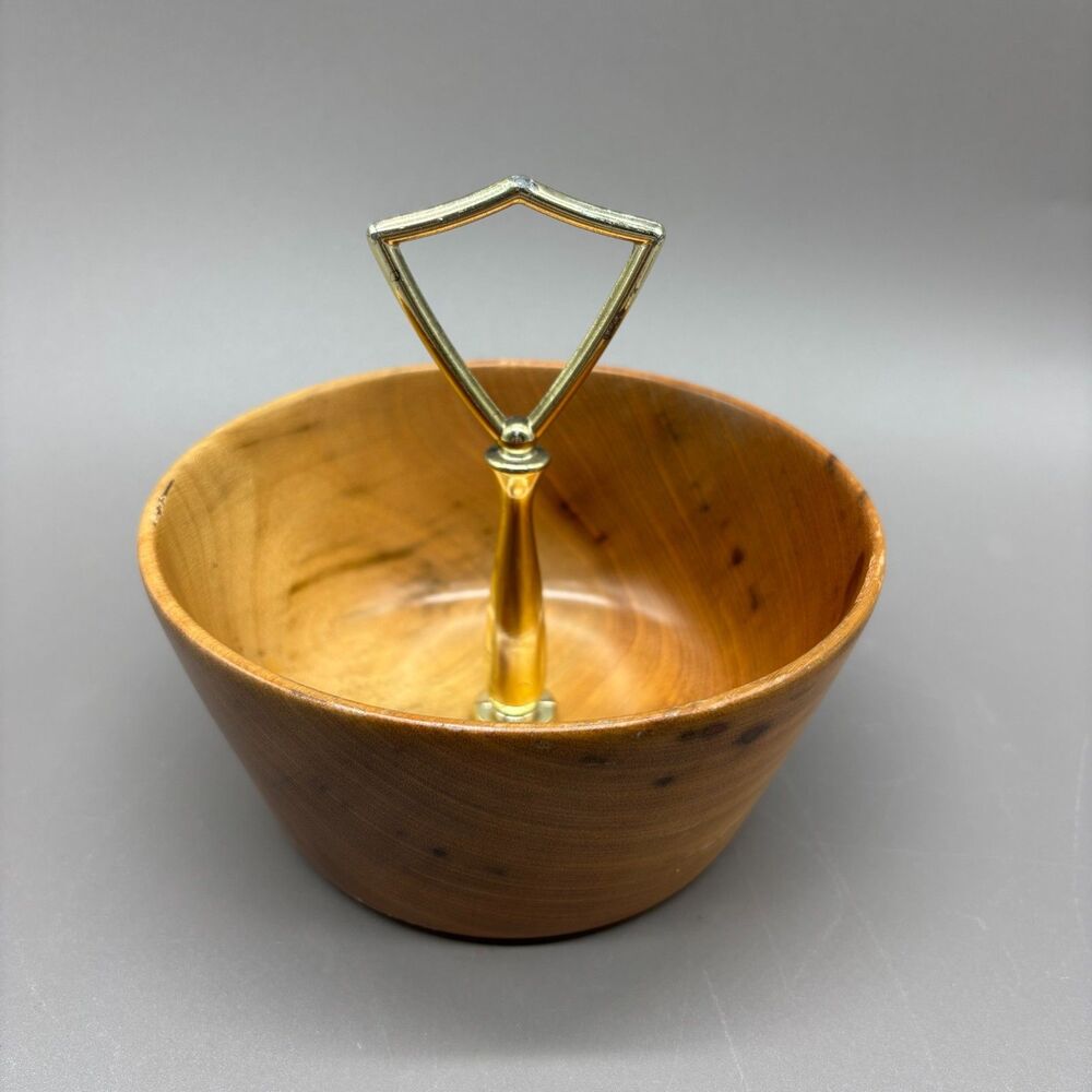 Vintage Myrtlewood Nut Bowl MCM Candy Serving Dish Gold Tone Handle Oregon